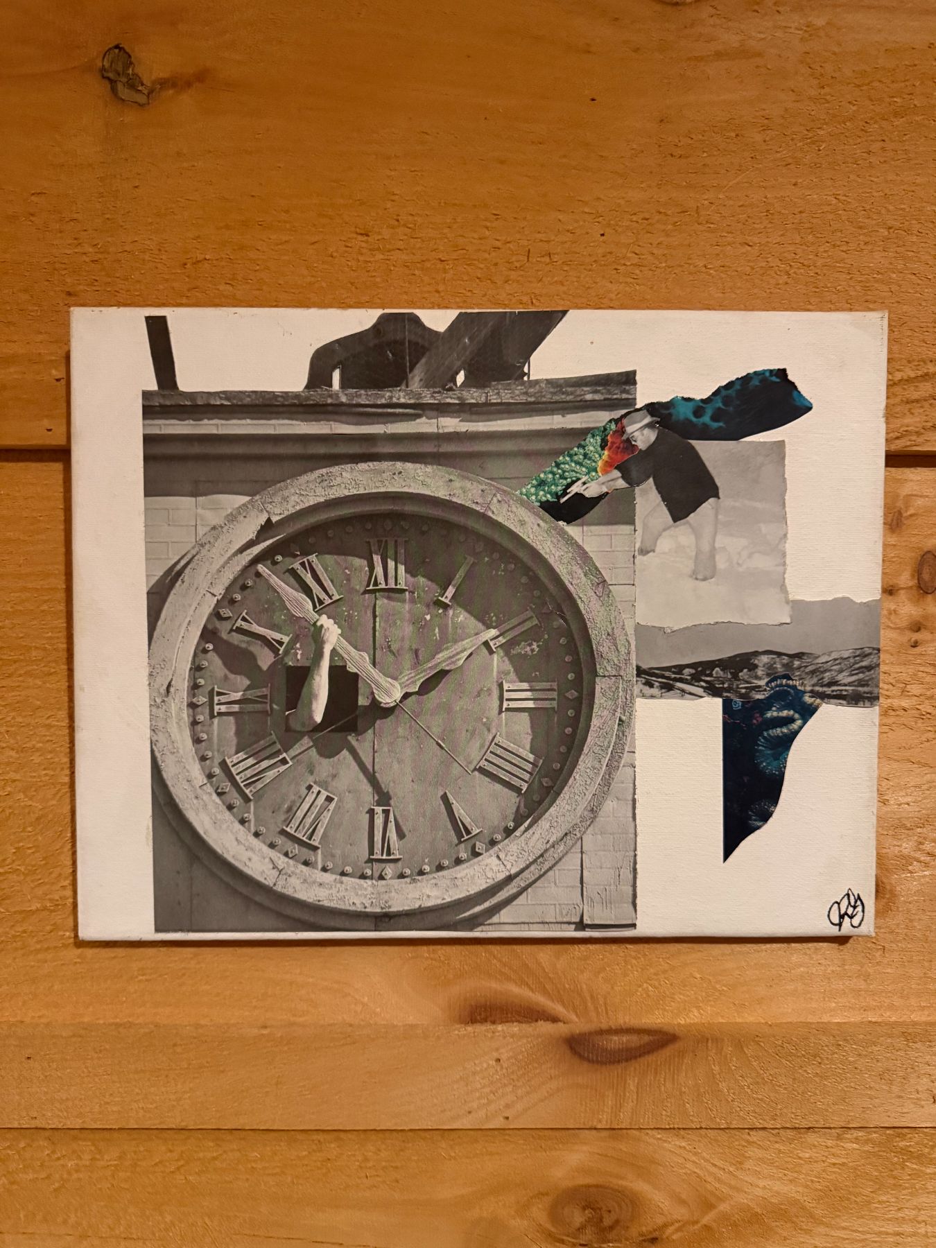 Collage of a clock tower face with a hand on the hour hand